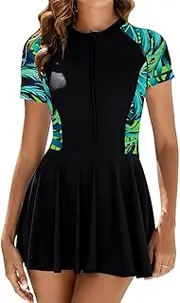 AutoWT Women's One Piece Short Sleeve Swimsuits, Zip Front Swim Dress Swimwear with Bikini Bottoms and Built in Bra, Quick Dry Modest Bathing Suit for Women