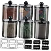 Qtip Dispenser Apothecary Jars Bathroom with Labels - Qtip Holder 6 Pack Black