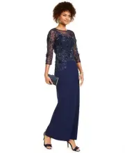 Adrianna Papell Women's Light Navy Beaded Illusion Column Gown 8 $349