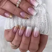 KXAMELIE Short Ombre Pink Nails for Sticking On with Golden Sequins, Square Acrylic Artificial Nails with Nail Glue, French Nails for Glue for Women and Girls