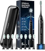 Operan Electric Toothbrush for Adults and Kids Rechargeable Sonic Toothbrush with 5 Modes 2-Min Smart Timer IPX7 Waterproof 40,000 VPM Motor with 8 Brush Heads & Travel Case (Black)