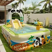 Panda Inflatable Pool for Adults - 3-Layer Rectangular Outdoor Summer Cooler with Slide, Built-in Seats Palm Tree Design, Portable No-Electricity Backyard Par