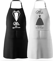 AEEGO 2 Pack Bib Apron - Mr and Mrs Aprons,Couple Apron，Unisex Black Apron Bulk with 2 Roomy Pockets Machine Washable for Kitchen Crafting BBQ Drawing