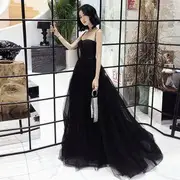 Spaghetti Strap Button-Up A-Line Mesh Evening Gown Black - M