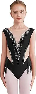 [Miutii] Kids Girls Tassel Latin Dance Dress Sparkly Figure Ice Skating Dress Gymnastic Leotard Competition Dancewear