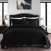 Queen King Super King Size Bed Quilted 3 Pieces Embossed Coverlet Bedspread Set Comforter Quilt Black (King/Super King 250x270cm)