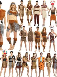 在飛比找Yahoo!奇摩拍賣優惠-奇奇萬圣節服裝cos演出衣服成人男女土著原始人印第安豹紋野人