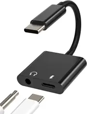 (2in1) USB C AUX Jack Splitter Audio Charger Adapter For iPhone 15 Pro Max Xiaomi Samsung Type C To 3.5mm Adapter Earphones Jack Cable - Black