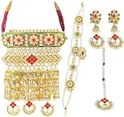 [Samyuktha] Women Traditional Rajasthani Rajwari Gold Plated Bridal Dulhan Heavy Jewellery Necklace Set with Earrings, Maangtikka And Mathapatti with Borla In Kundan and Pearls, Zinc Alloy Steel, No