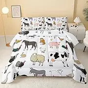 QOOMO Cartoon Farm Pig Chicken Kids Comforter Set, Horse Sheep Dog Print Bedding Set Queen Size for Room Decoration，White Soft Lightweight Bed Set All Season,1 Comforter Set 2 Pillowcases