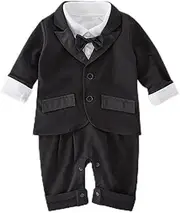 [Dressy Daisy] Infant Baby Boy One Piece Black Tuxedo Suit with Blazer Onesie Gentleman Romper Formal Outfit