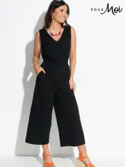 Pour Moi Black Maya 100% Cotton Slub Jersey Built Up Cropped Leg Jumpsuit (B98168) | $90