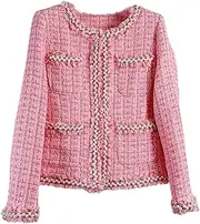 [Generic] Women's French Beading Pearl Pink Tweed Elegant Jackets Tassels Woolen Ladies Suit Coat