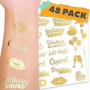 CORRURE 48pcs Birthday Temporary Tattoos - Party Favors Accessories for Entire Girl Squad - Gold Metallic Temp Tattoos for Women - Birthday or Bride Tribe Party Decoration Supplies - 11 Flash Designs