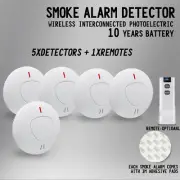 5 Pack Smoke Alarm Wireless Interconnected Photoelectric Detector 10 Year+Remote