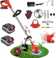 21V Cordless Grass Trimmer Weed Wacker, 3-in-1 String Trimmer Lawn Edger, Electric Weed Eater 2 Batteries & 1 Metal Blades & 5 Plastic Blades for Yard Garden Adjustable Height Weed Eater Tool (650W)