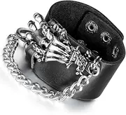 [Rofusn] Goth Punk Skull Bangle Bracelet for Men Women Black Leather Wide Wrap Chain Adjustable Bangle for Halloween Costume Party