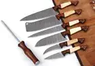 Handmade Damascus Steel Knife Set Of 8pcs With Leather Cover Chef Knives Set
