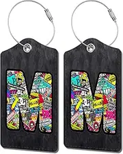 [BestEioyo] 2 Pack Initial Luggage Tag for Suitcase, Cool Letter Unique Leather Bag Tags Identifiers Privacy Cover ID Label with Durable Steel Loop for Women Men Kids Girls Travel, Letter M, LT001