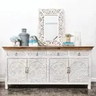 Indian Hand Carved Mandala White Buffet Storage Natural Timber Top Sideboard
