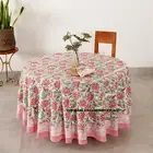 Hand Block Printed Cotton Lotus Floral Tablecloth Round 72 inches Pink Green