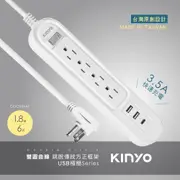 【KINYO】雙圓1開4插USB延長線6尺 CGCU-3146
