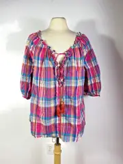 Sundance Tender Pink Blue Plaid Top Size L Ruffled Drawstring Neck 3/4 Sleeves