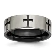 Avariah Chisel Titanium Brushed Black IP-plated Cross 7mm Band - Ring Size 7.5