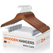 Wooden Hangers with Clips 24 Pack, Walnut Wooden Suit Hangers Skirt Hangers S...