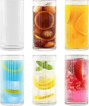 Ribbed Glassware Vintage Drinking Glasses with Straws Set of 6,Clear Fluted Ripple Glass Cups 12.5oz,Ribbed Iced Coffee Cups for Cocktail, Whiskey, Beer, Juice, Water