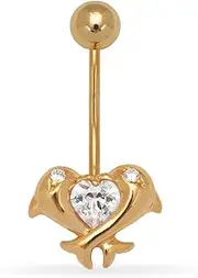 [Generic] 14ct Yellow Gold CZ Cubic Zirconia Simulated Diamond 14 Gauge Dangling Dolphins Body Jewelry Belly Ring Measures 24x11mm Jewelry Gifts for Women