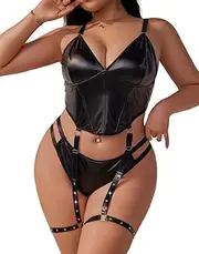[DJG DIAL] Plus Size Women Wet Look Lingerie PU Faux Leather Outfits Set with Garter Belts Bodycon Strappy Clubwear Halloween Catsuit