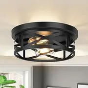 Flush Mount Ceiling Light, Black 11“ 2-Light Ceiling Light Fixture, Industrial Farmhouse Metal Cage Ceiling Lights for Kitchen Entryway Hallway E27 Base(1 Pack)
