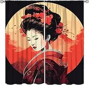 Yearn Jear Japanese Style Curtains Red Geisha Girl with Cherry Blossoms Traditional Kimono Folk Culture Style,Rod Pocket Drapes for Living Room Bedroom Kitchen 42x45 Inch Decor