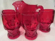 MOSSER GLASS RUBY RED GEORGIAN FACETTED PITCHER AND FOUR TUMBLERS