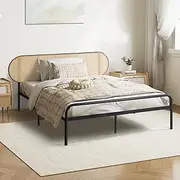 Oikiture Metal Bed Frame Single Size Bed Base with Rattan Headboard and Footrest