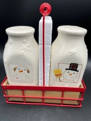 Hallmark Milk Jug Snowmen Salt & Pepper Shakers Ceramic With Metal Holder NEW
