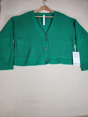 Lululemon Cotton Crochet Mesh Relaxed-Fit Cardigan Women Size XL Green Open Knit