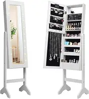 Giantex Jewelry Armoire w/Standing Full-Length Mirror, Large Storage Mirrored Jewelry Cabinet w/LED Lights Around the Door, Freestanding Cosmetic Storage Organizer with 16 Lipstick Holder (White)