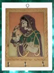 Gemstone Radha Krishna Painting/Wood Key Wall Holder W/3 Hooks - From India
