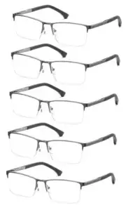 5-Pack Reading Glasses for Men Metal Half Frame Rectangular Style Spring