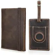 [CONTACTS] Full Grain Leather Passport Holder and Luggage Tag Set by Handmade Travel Accessories RFID Blocking Passport Holder with Airtag Slot, Coffee, Vintage