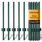 Metal Fence Post 3 Feet Green, Pack of 15, T Post for Wire Fence, No Dig Stee...
