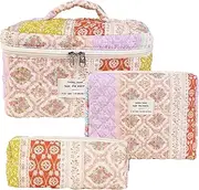 [Generic] 3 Pack Cotton Makeup Bag Set, Quilted Makeup Bag, Floral Makeup Bag Cotton Makeup Bag Aesthetic Flower Makeup Bag, Quilted Cotton Makeup Bag for Cosmetics, Toiletries and Accessories