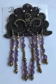 Beverly Gayle Brooch Pin Brown Fabric And Purple And Brown Beads With Tag