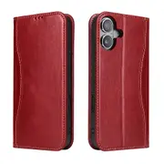 For iPhone 16 Case Fierre Shann Genuine Cowhide Leather Wallet Cover Red