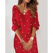Women's Casual Dress Fuzzy Mini Dress Patchwork Casual V Neck Long Sleeve Wine Red Color