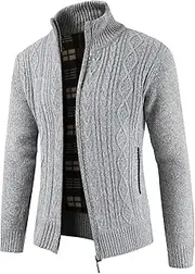 [DGHM-JLMY] Men's Full Zip Slim Thick Knitted Cardigan Stand Collar Fleece Lined Knit Coat Cable Knit Sweaters Jacket