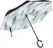 Double Layer Inverted Umbrella Cars Reverse Umbrella Watercolor Spruce Forest in Fog Windproof UV Proof Travel Outdoor Umbrella