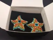 NIB KENNETH LANE KJL for AVON Rhinestone Faux Pearl Coral Clip STARFISH EARRINGS